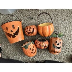 VTG Halloween Lot Of Decor Buckets & Candle Holders Pumpkins Jack-o’-lanterns